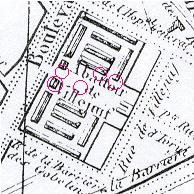 Plan de surface de l'abattoir en 1839 ; cliquez sur les liens pour accéder aux soubassements en carrières.